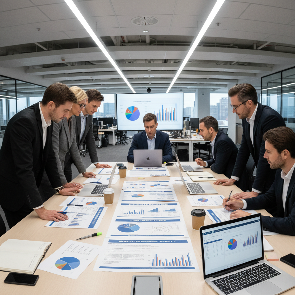 Financial analysts reviewing healthcare investment feasibility reports with market analysis charts and ROI projections