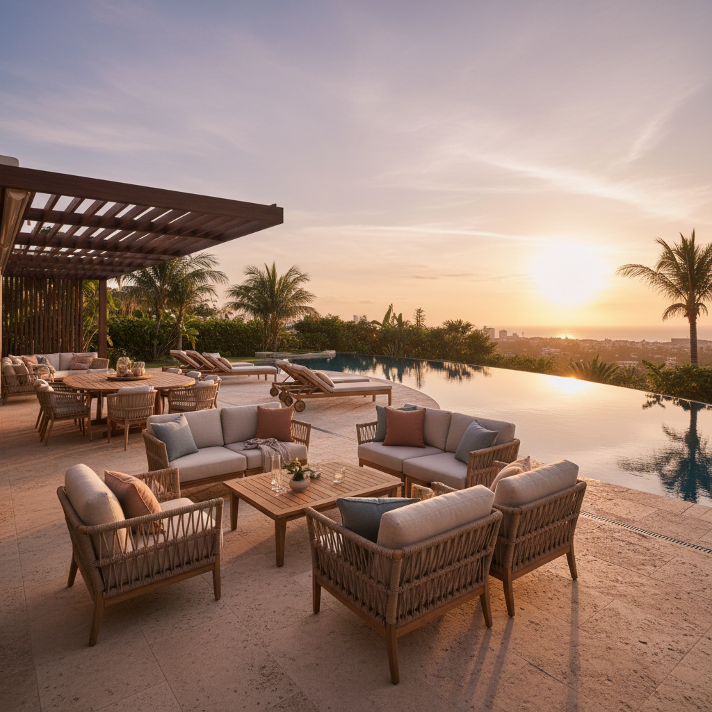 Luxury outdoor terrace at golden hour with complete Terrace furniture collection, warm light and open sky