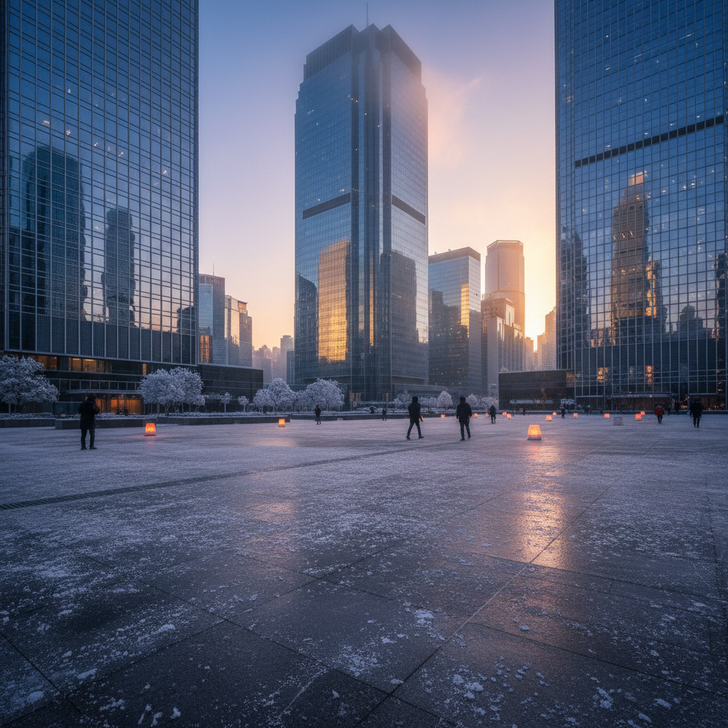 Frost-covered glass tower plaza in Hong Kong at dawn, amber warning lights reflecting off icy pavement