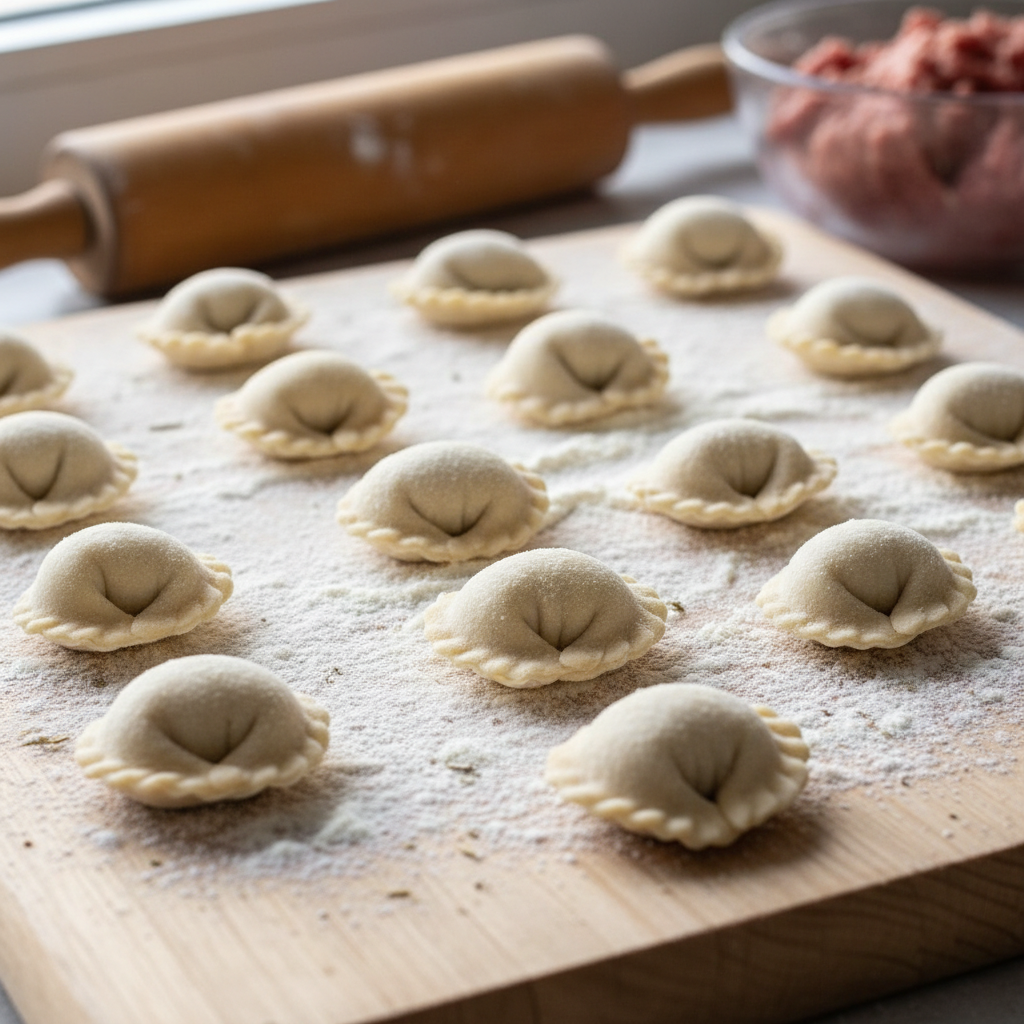 Small mantı dumplings on a floured wooden board before cooking