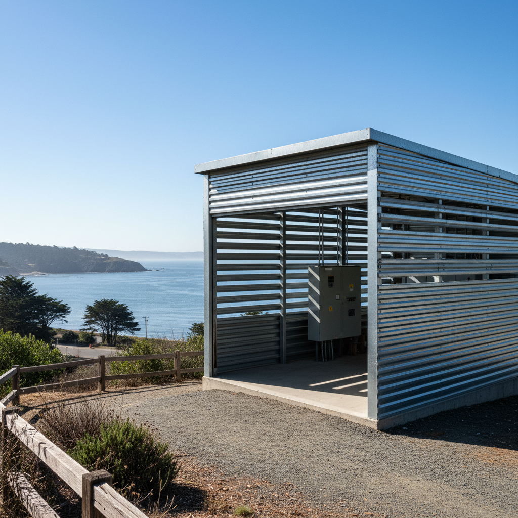 Open-sided galvanized steel equipment shed near the water with louvered walls and view of coastal California bay