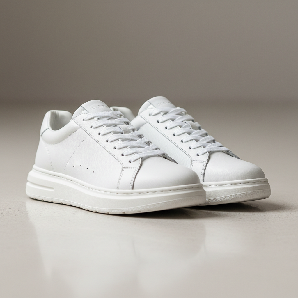 Clean white sneakers on a light background with soft shadows