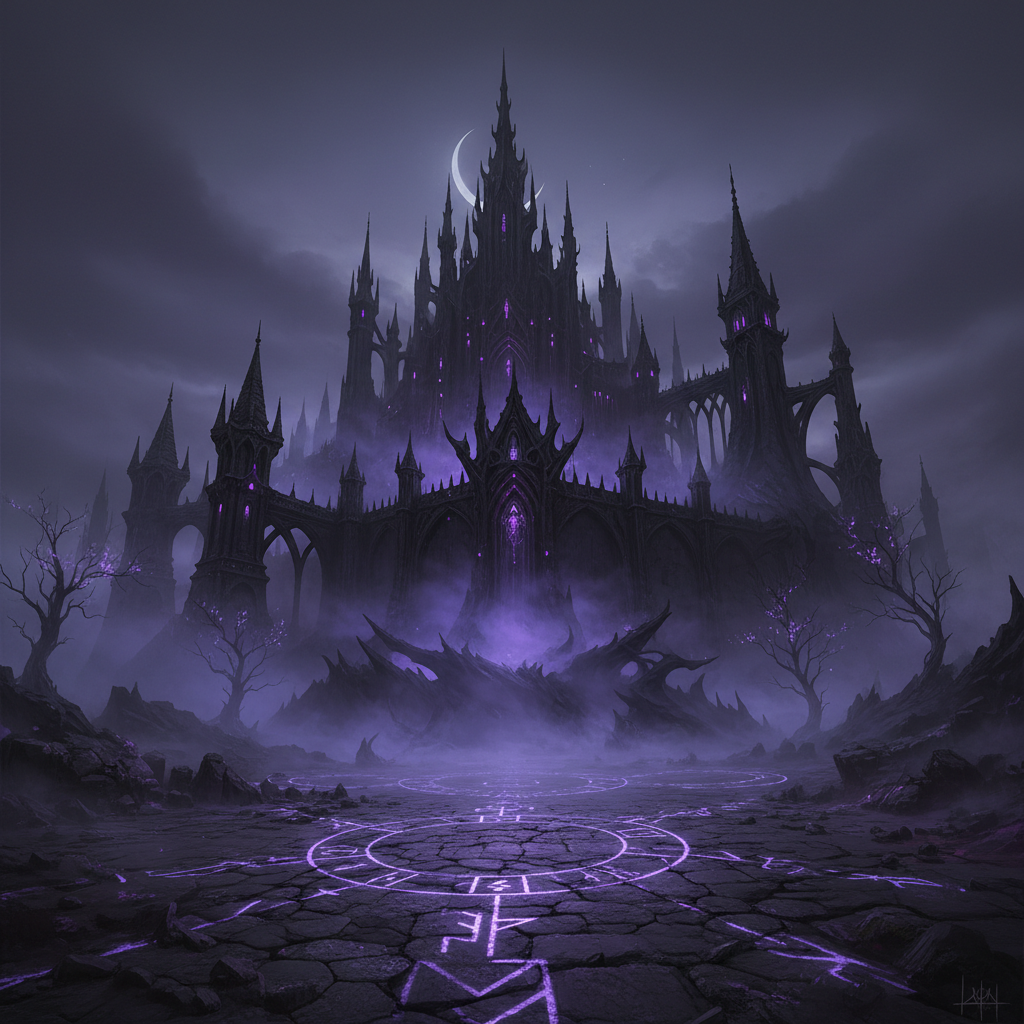 Dark fantasy MMORPG world with deep shadows, atmospheric fog, and dim neon blue lighting in a vast digital landscape
