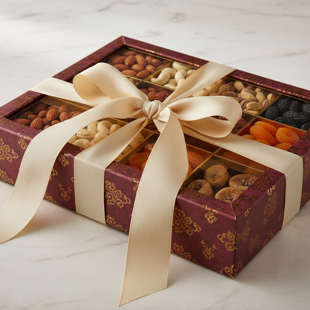 Branded gift box lid with company logo on premium dry fruit packaging