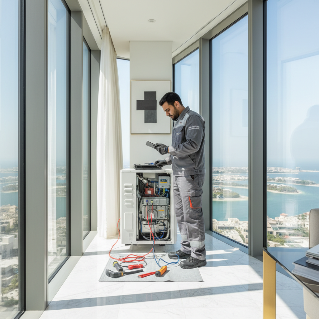 Profesionalna ekipa za čiščenje, ki zagotavlja storitve temeljitega čiščenja za luksuzno nepremičnino v Dubaju