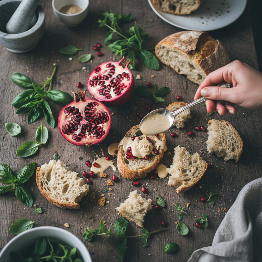 Overhead view of an oak table with open jars of nut butter in shades from ivory tahini to dark chocolate hazelnut, scattered whole cashews, almonds, pecans, honey drizzles, and a torn piece of sourdough mid-dip