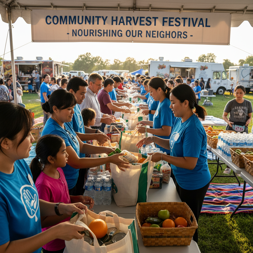 Diverse group of volunteers in blue Seva Setu Trust t-shirts distributing food packages to elderly community members in outdoor setting