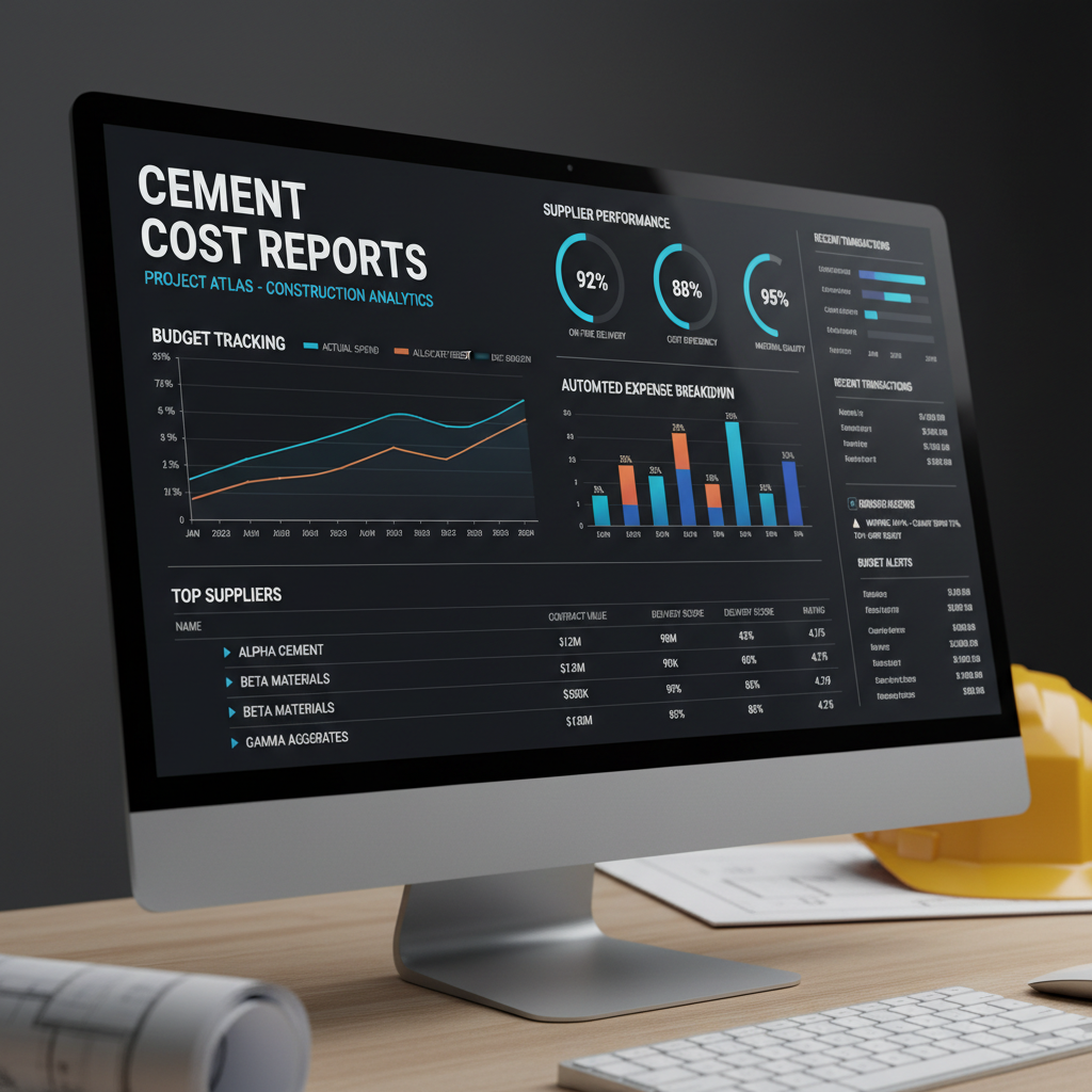 Tableau de bord analytique affichant les rapports de coûts de ciment avec graphiques de suivi budgétaire, mesures de performance des fournisseurs et ventilations automatisées des dépenses pour la gestion de projets de construction