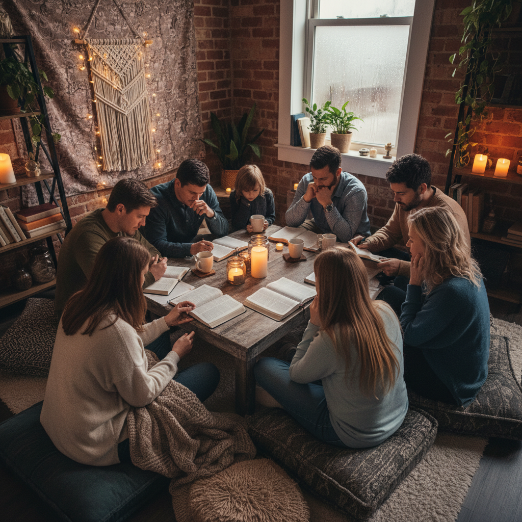 Small intimate home gathering of people in prayer and community, warm candlelit living room