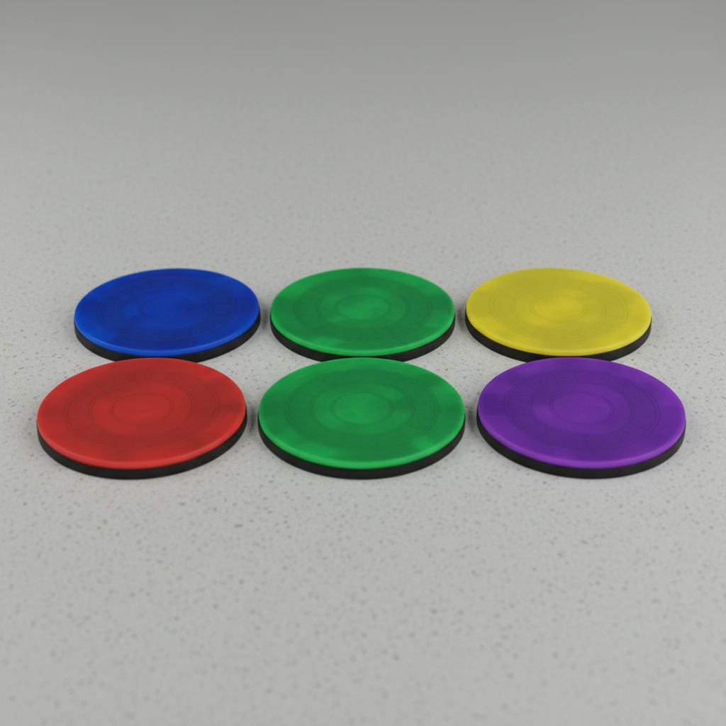 Set of six colorful practice drum pads arranged for classroom use