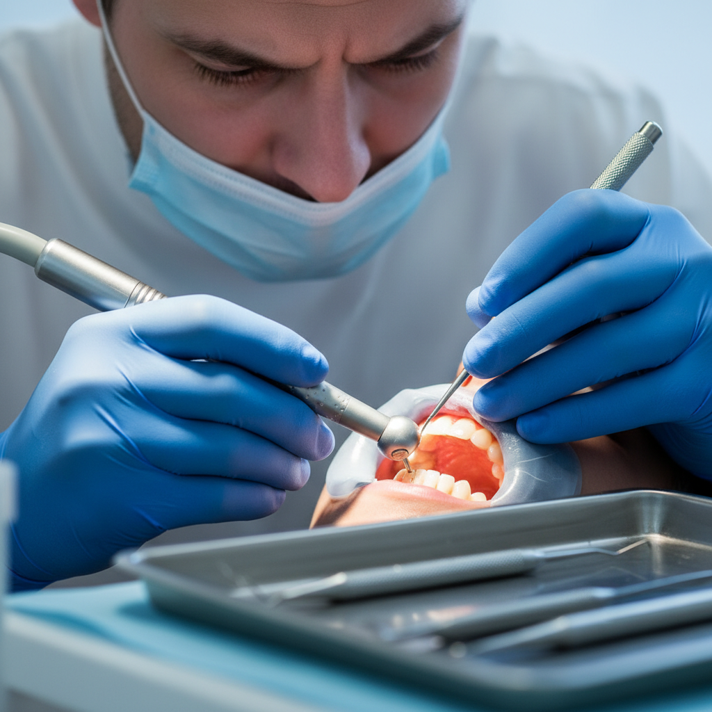Dentist performing emergency dental procedure with precision instruments