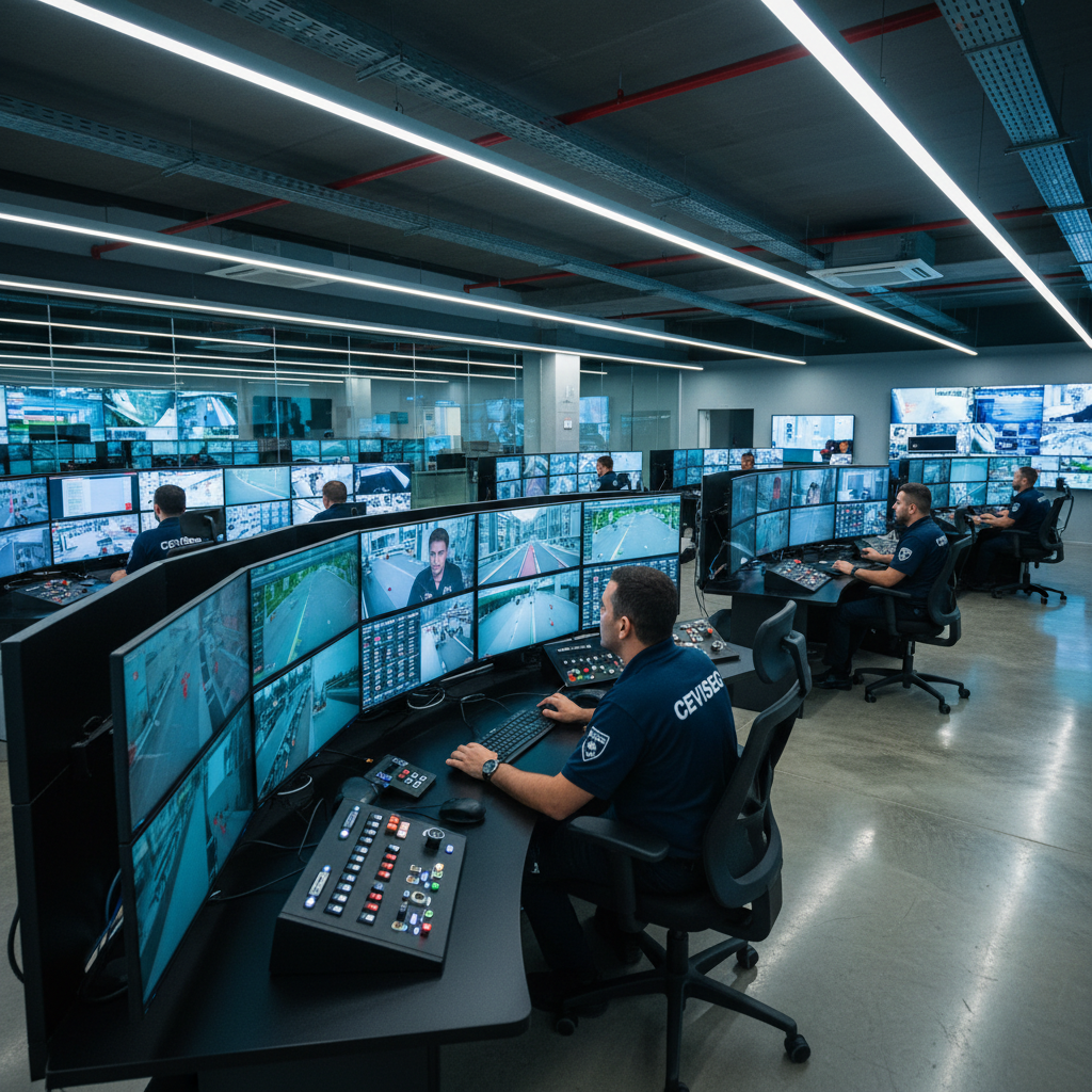 Modern security monitoring system with multiple screens in a professional control room environment