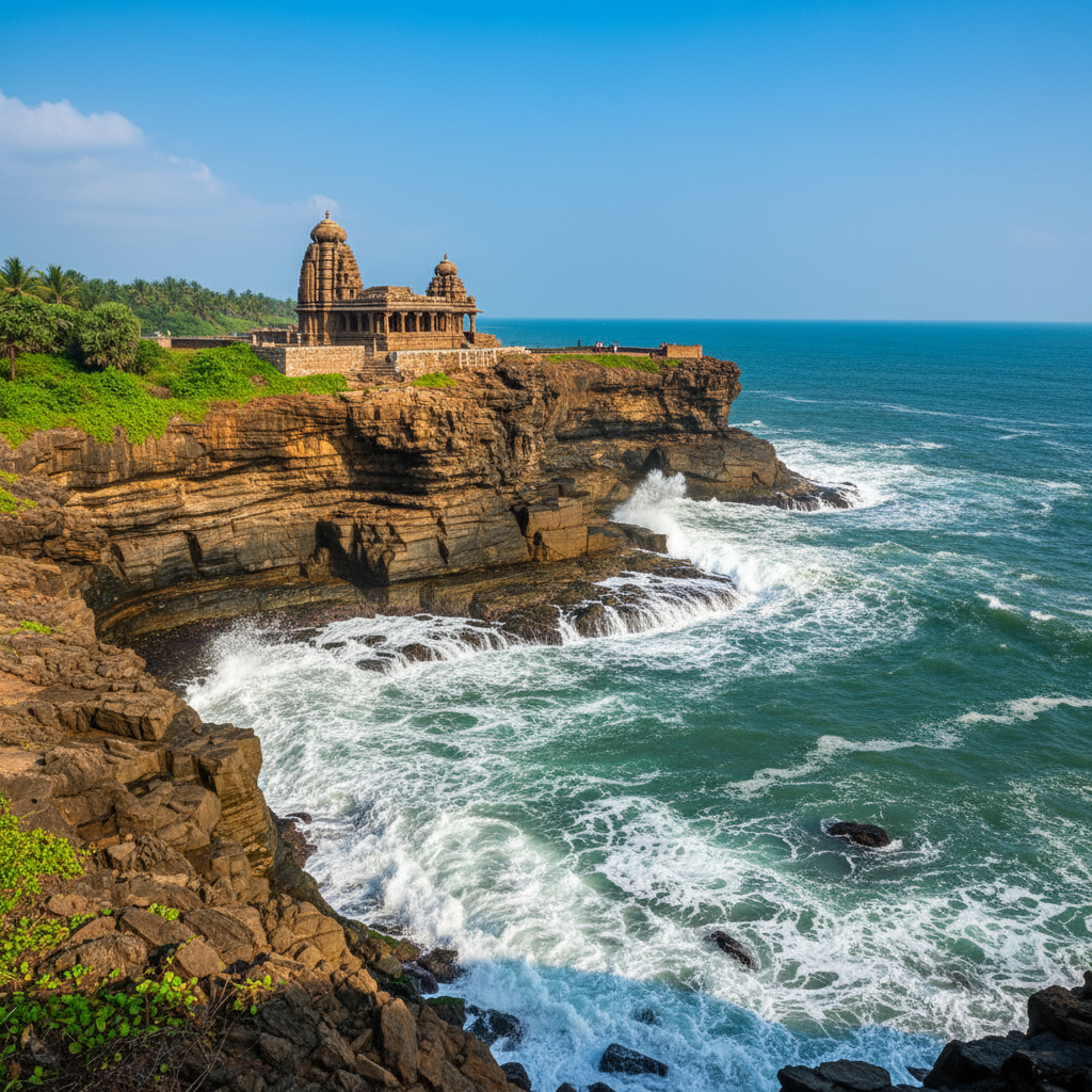 Harihareshwar temple perched on rocky cliffs overlooking the Arabian Sea waves