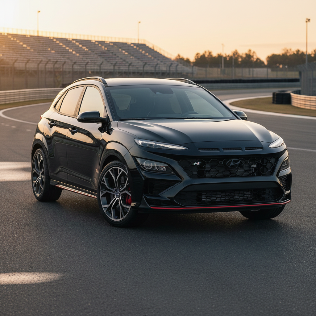 Phantom Black 2022 Hyundai Kona N low-angle shot showing wide body stance on track