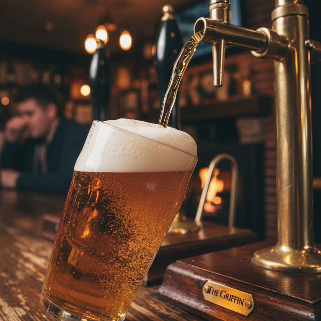 Pint of real ale being poured at the Griffin bar — golden beer, traditional pump