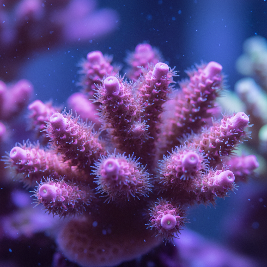 Pink Acropora millepora coral frag with bright pink polyps under blue aquarium light