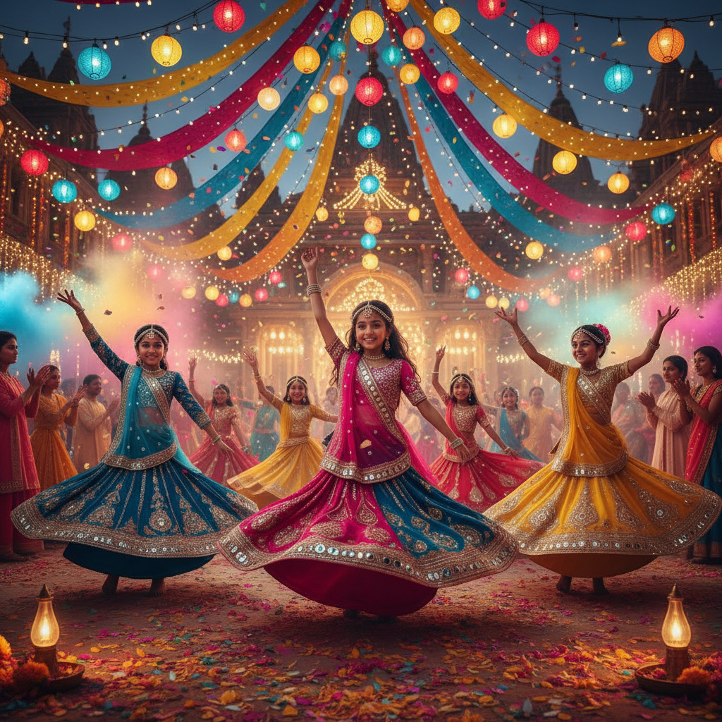 Children in traditional lehenga outfits dancing at Diwali celebration