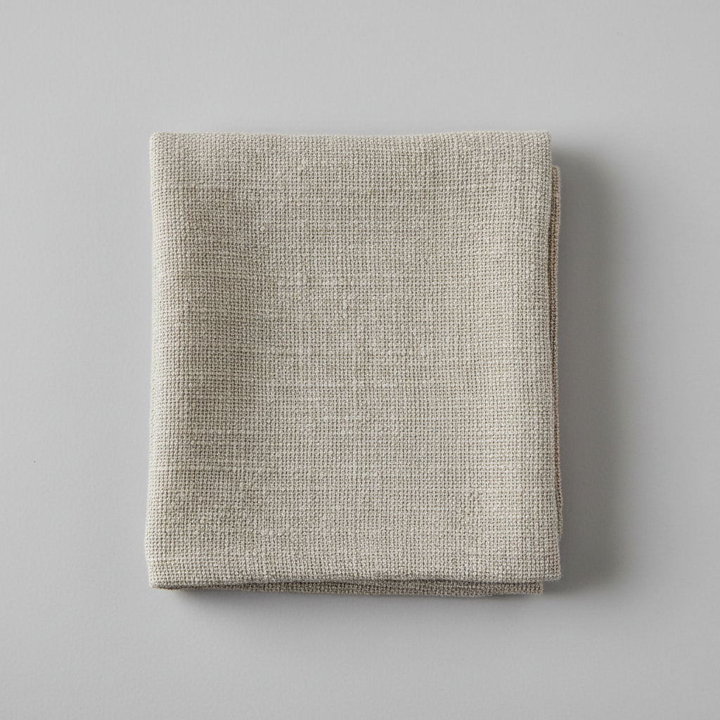 Hand-folded linen cleaning cloth beside eyewear case