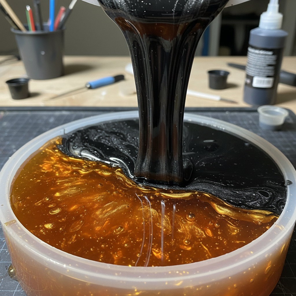 Close-up of amber and obsidian resin being poured into a circular mold, layers of pigment visible