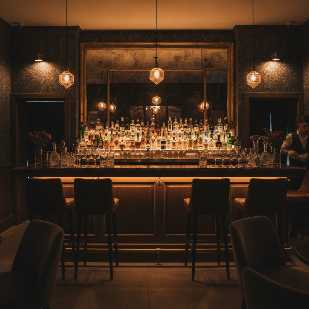 Elegant bar setup with premium whiskey bottles and glassware
