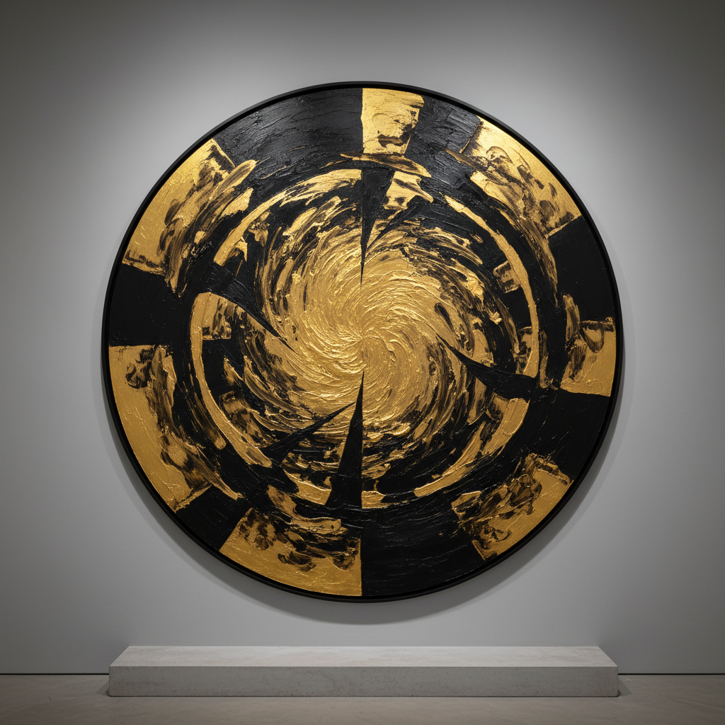 Striking circular abstract in deep gold and black — large-scale collector piece