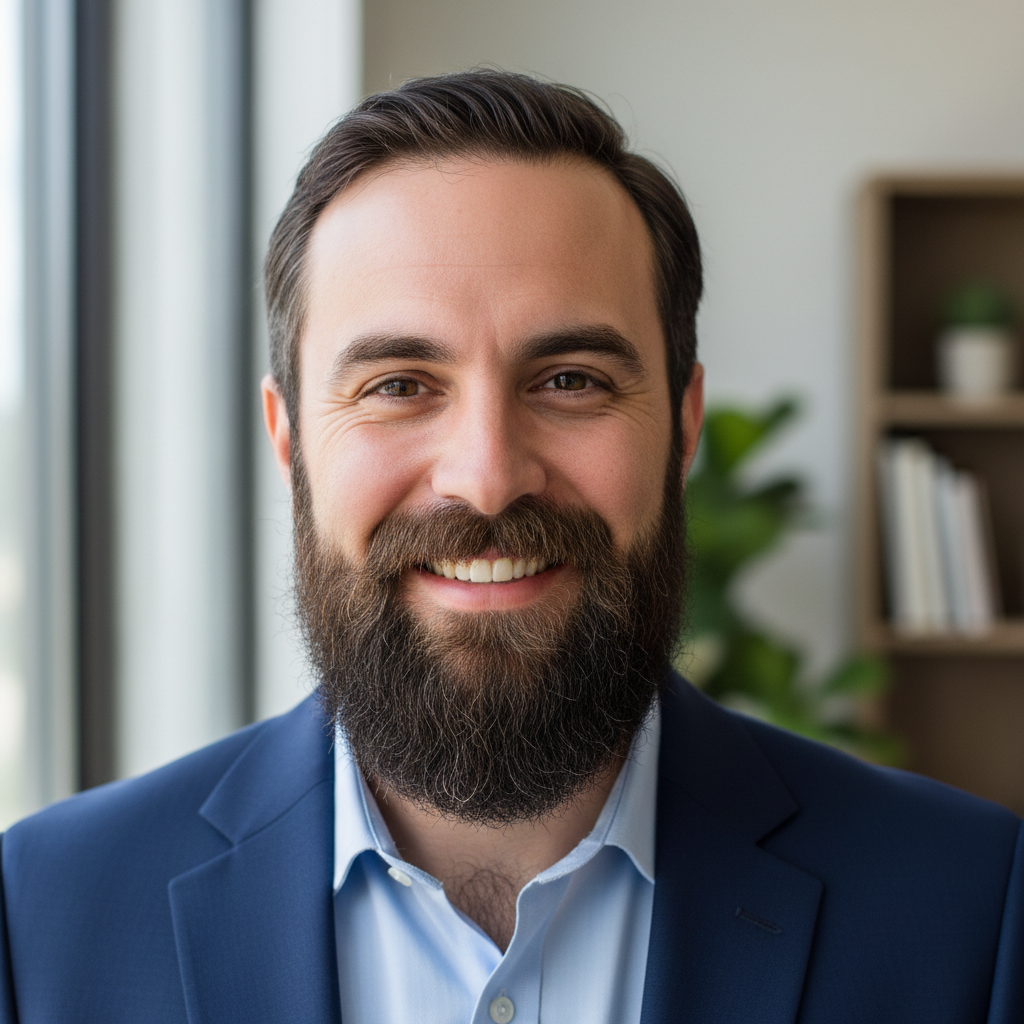 Professional man with beard in business casual attire smiling