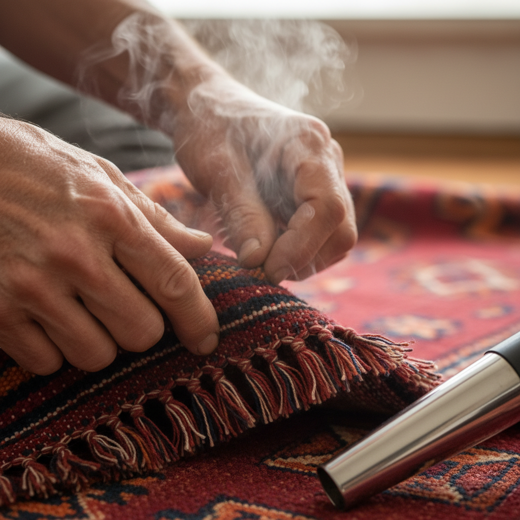 Weathered hands brushing fringe on a deep-red kilim, steam curling off the weave, stainless steel nozzle resting in frame