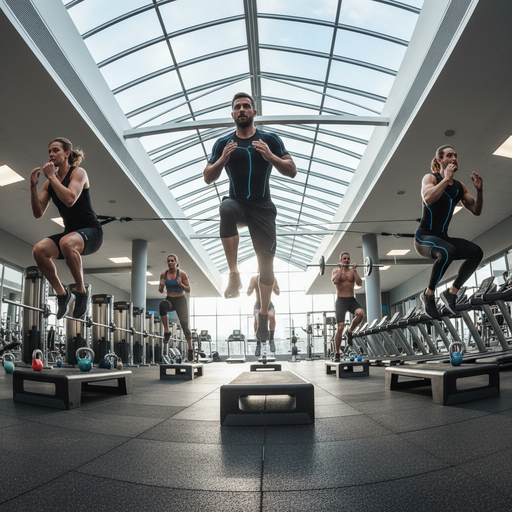 Athlete doing box jumps in bright open gym, mid-air jump, athletic wear, high energy environment