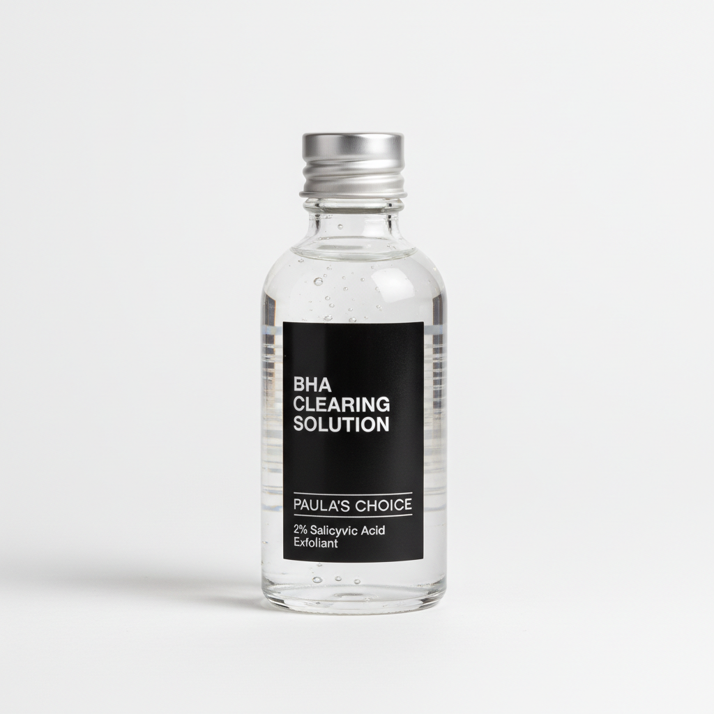 Clear BHA liquid bottle with minimal black label on white surface