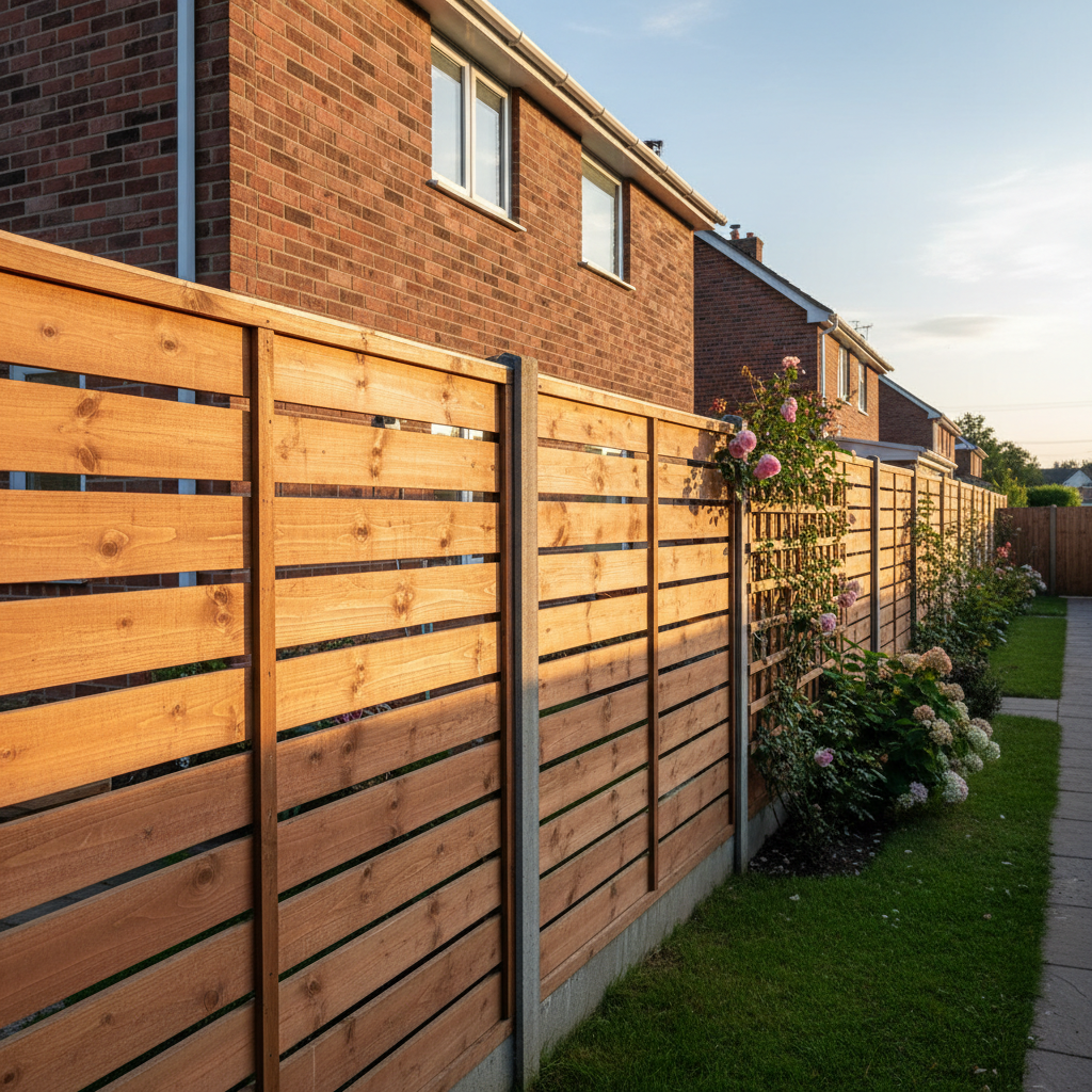 Cedar privacy fence running along the side of a brick semi-detached home in Scarborough, tight grain visible in afternoon light