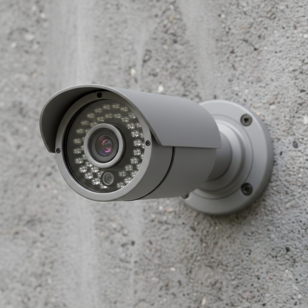 CCTV security bullet camera on dark background, outdoor surveillance equipment
