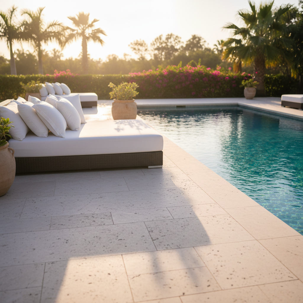 Outdoor daybed with white cushions beside a pool at golden hour, soft lavender shadows on limestone