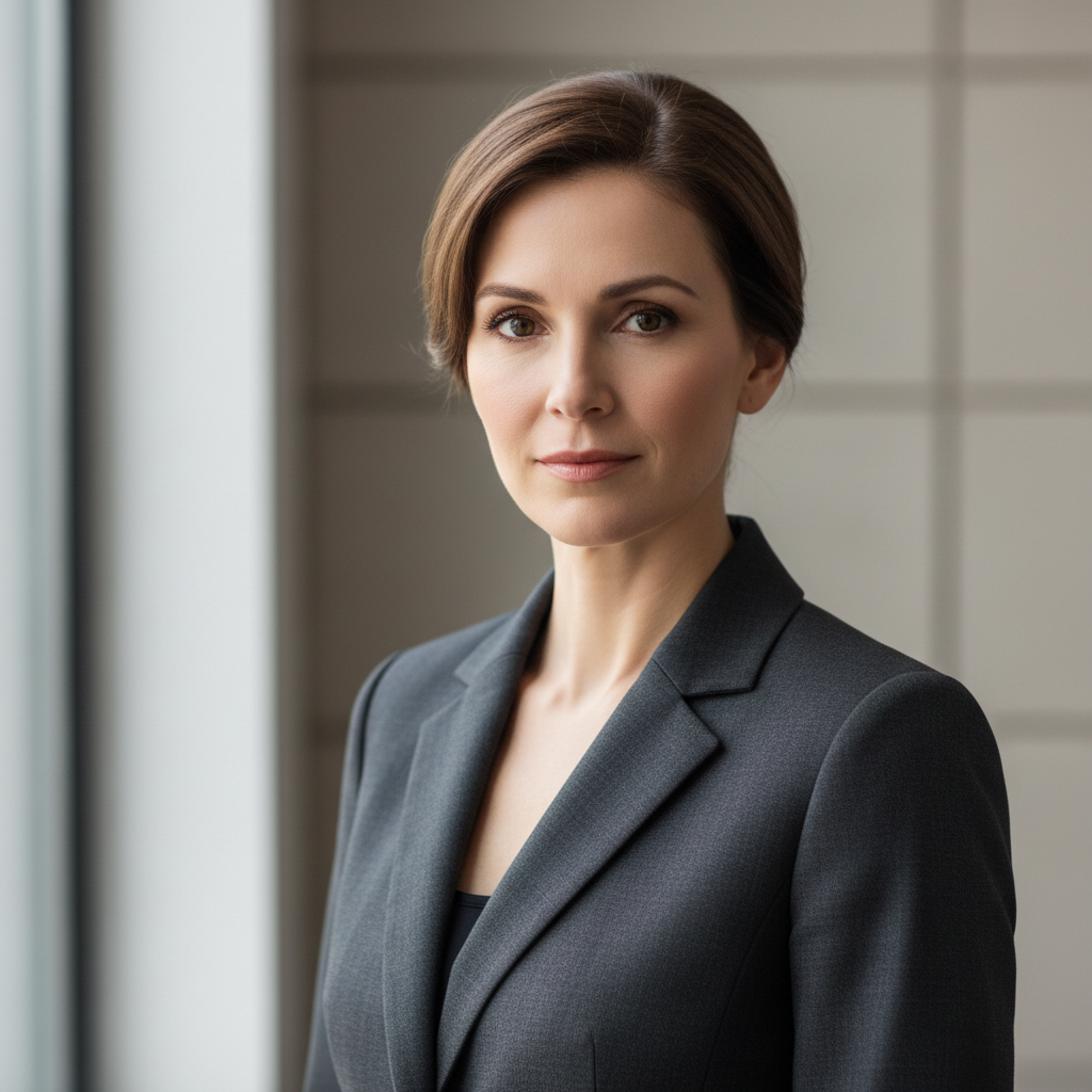 Professional woman in dark jacket, composed expression