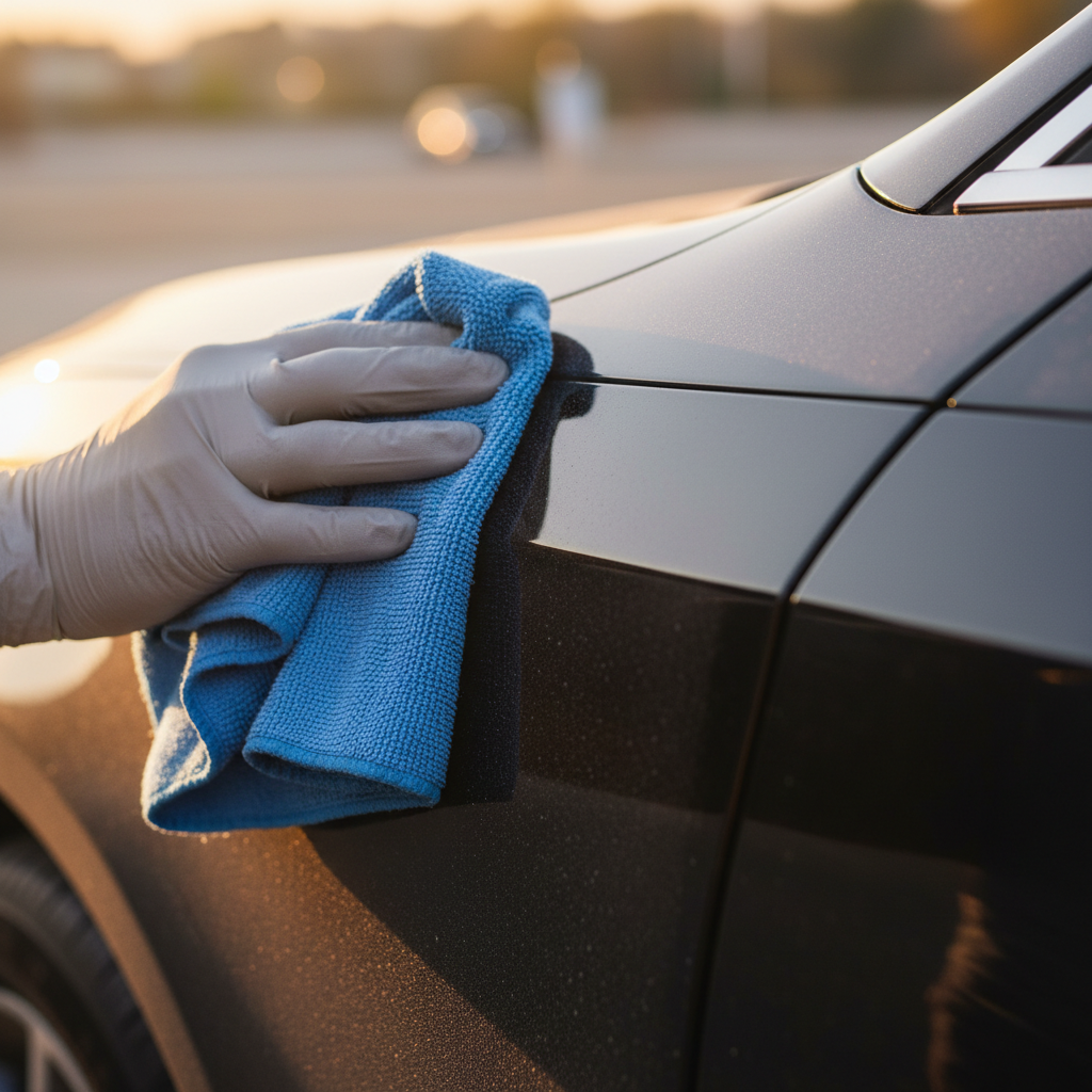 Detailing professional applying microfiber cloth to car exterior, sunny outdoor Arizona setting