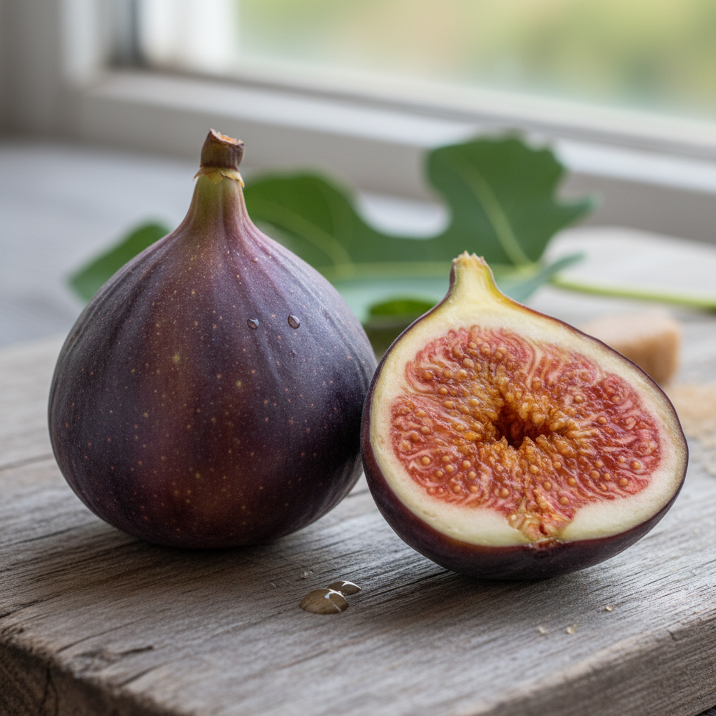 Celeste fig showing small round form with violet-brown skin, cross-section revealing amber flesh