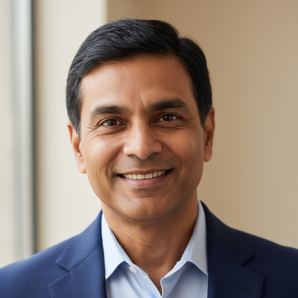 Portrait of a middle-aged Indian man with a warm smile, casual attire, light background