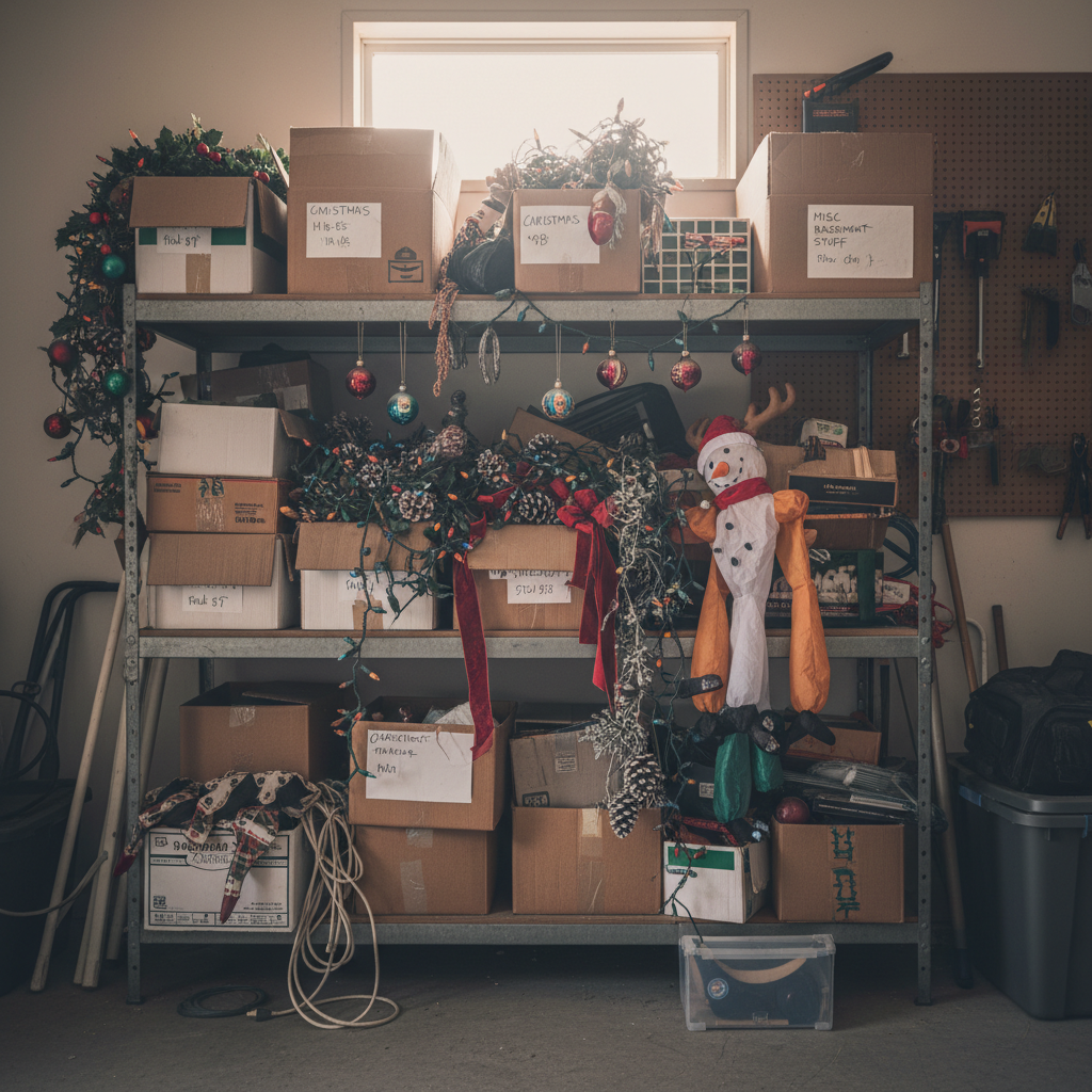 Cluttered garage storage shelf with dusty boxes and tangled holiday decorations