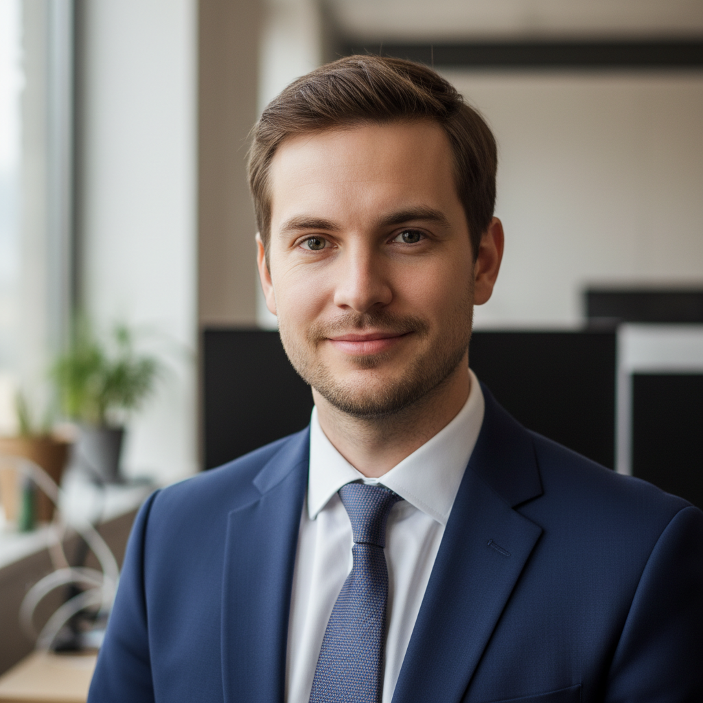 Marcus Osei, DeFi analyst, professional portrait in office environment