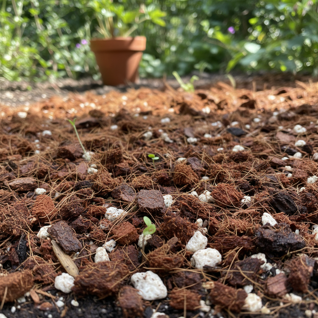 Verdantis substrate texture close-up, chunky coconut coir and perlite mix, airy structure visible