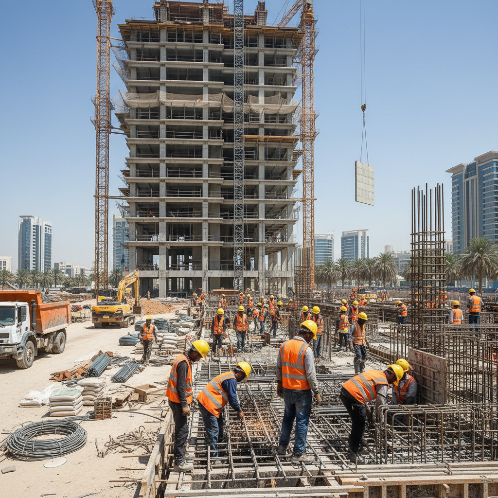 Construction workers on a building site in Qatar wearing safety equipment