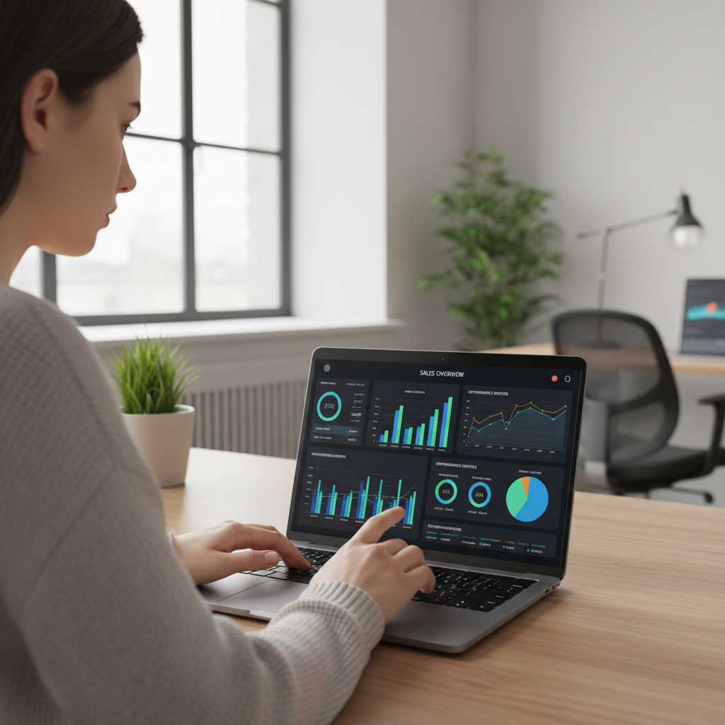 Professional woman VP Sales in modern office presenting sales metrics on dark screen, dim atmospheric lighting, deep shadows
