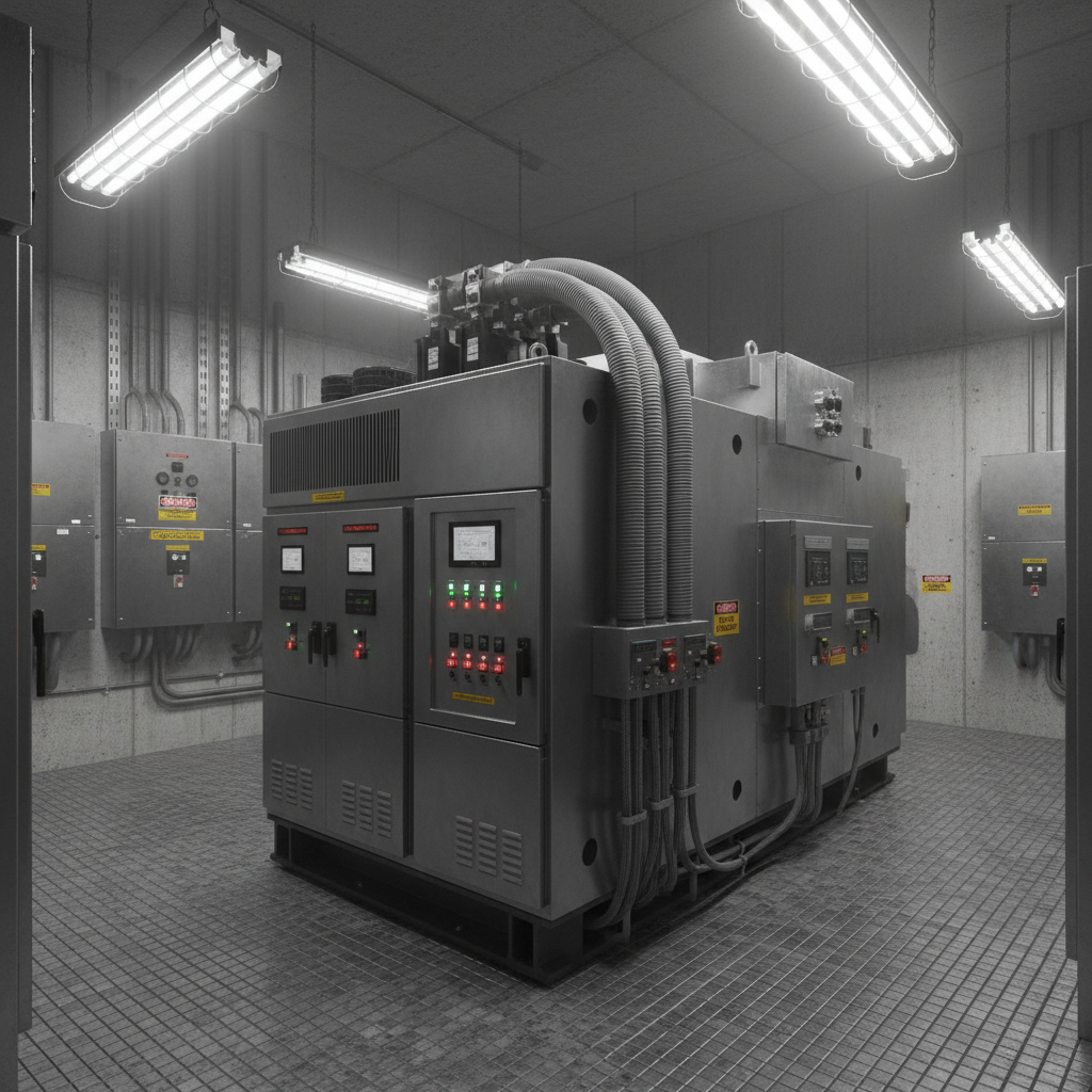 Industrial generator room with bright overhead lighting, clean concrete floor, machinery rows
