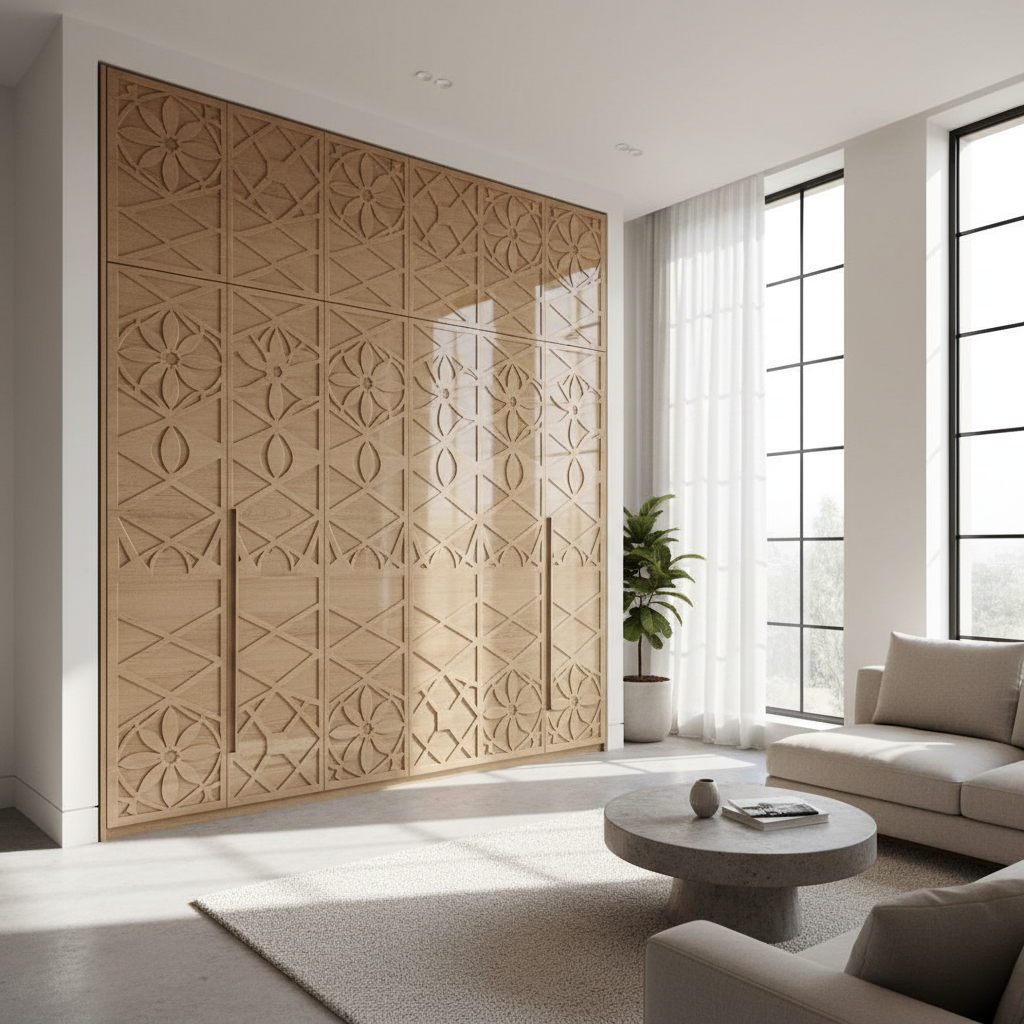 Modern Indian home interior with custom CNC wardrobe panel doors and clean architectural lines
