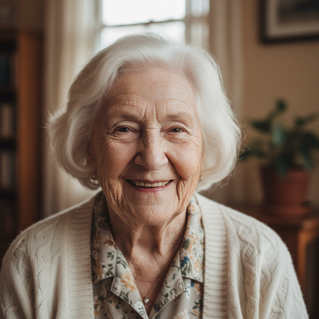 Margaret, a 78-year-old woman with silver hair and warm smile, wearing a floral blouse, photographed in soft natural light