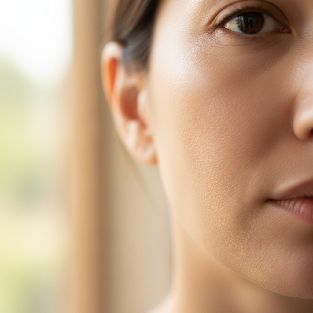 Close-up of womans cheek showing improved skin clarity and tone after PRP facial