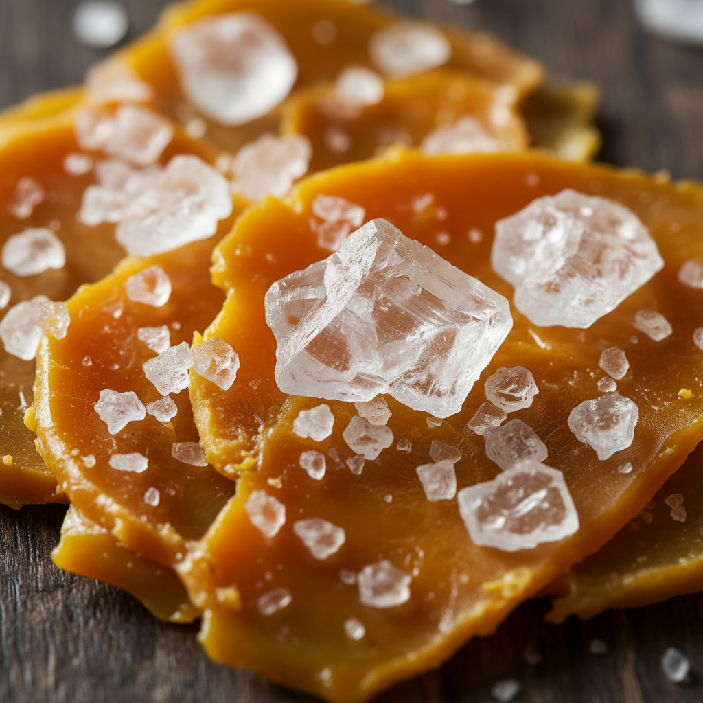 Close-up of crystal salt scattered over cured egg yolk