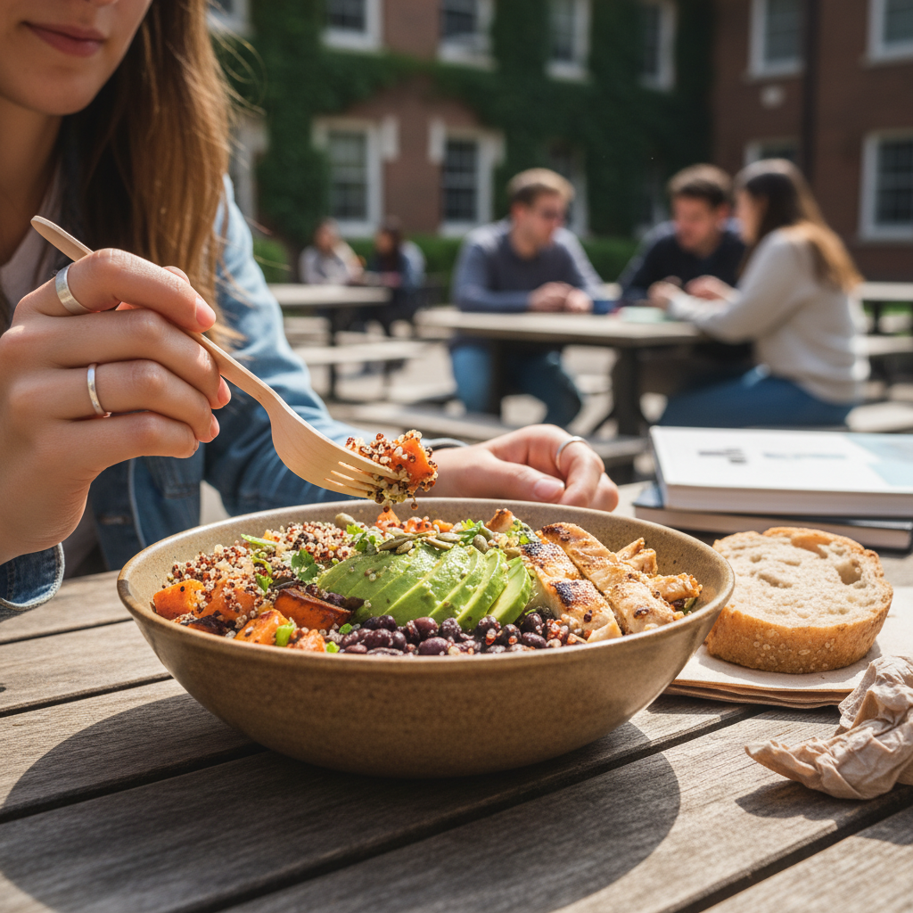 College student eating a Grain bowl at a campus table, budget-friendly lunch