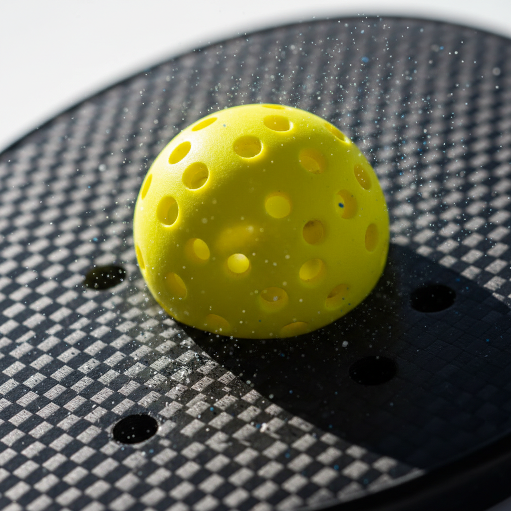 Extreme close-up of a pickleball mid-impact against a carbon fiber paddle face, polymer deforming on contact, court dust particles frozen in strobe light