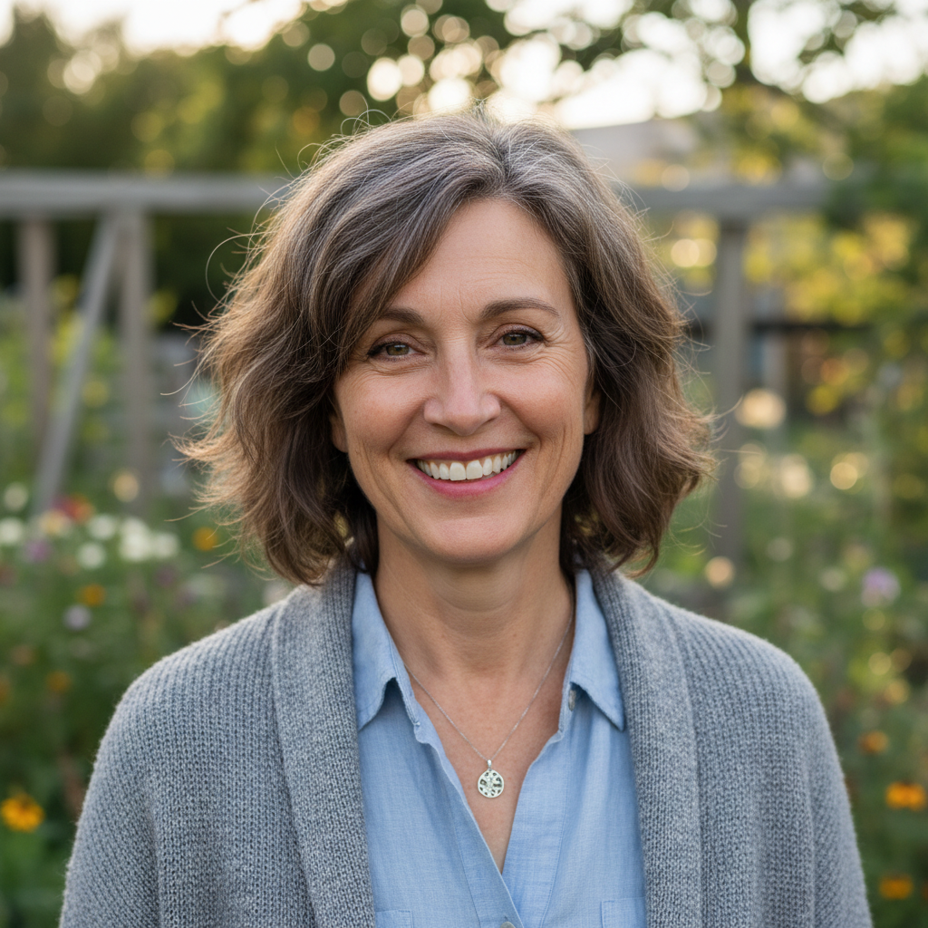 Smiling middle-aged woman with light brown hair outdoors in a sunny Florida garden