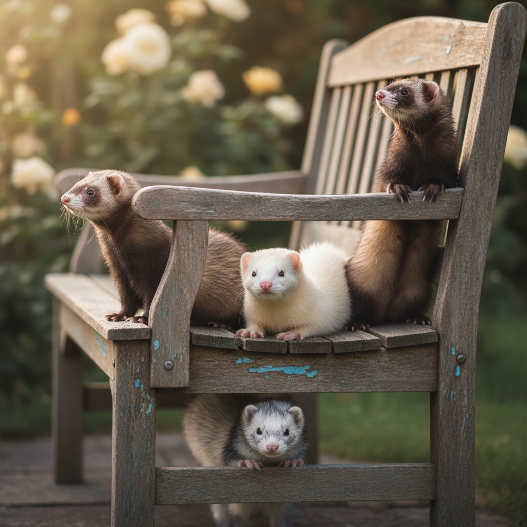 A business of four ferrets arranged on a vintage wooden bench — two sable, one champagne, one albino — each looking a different direction
